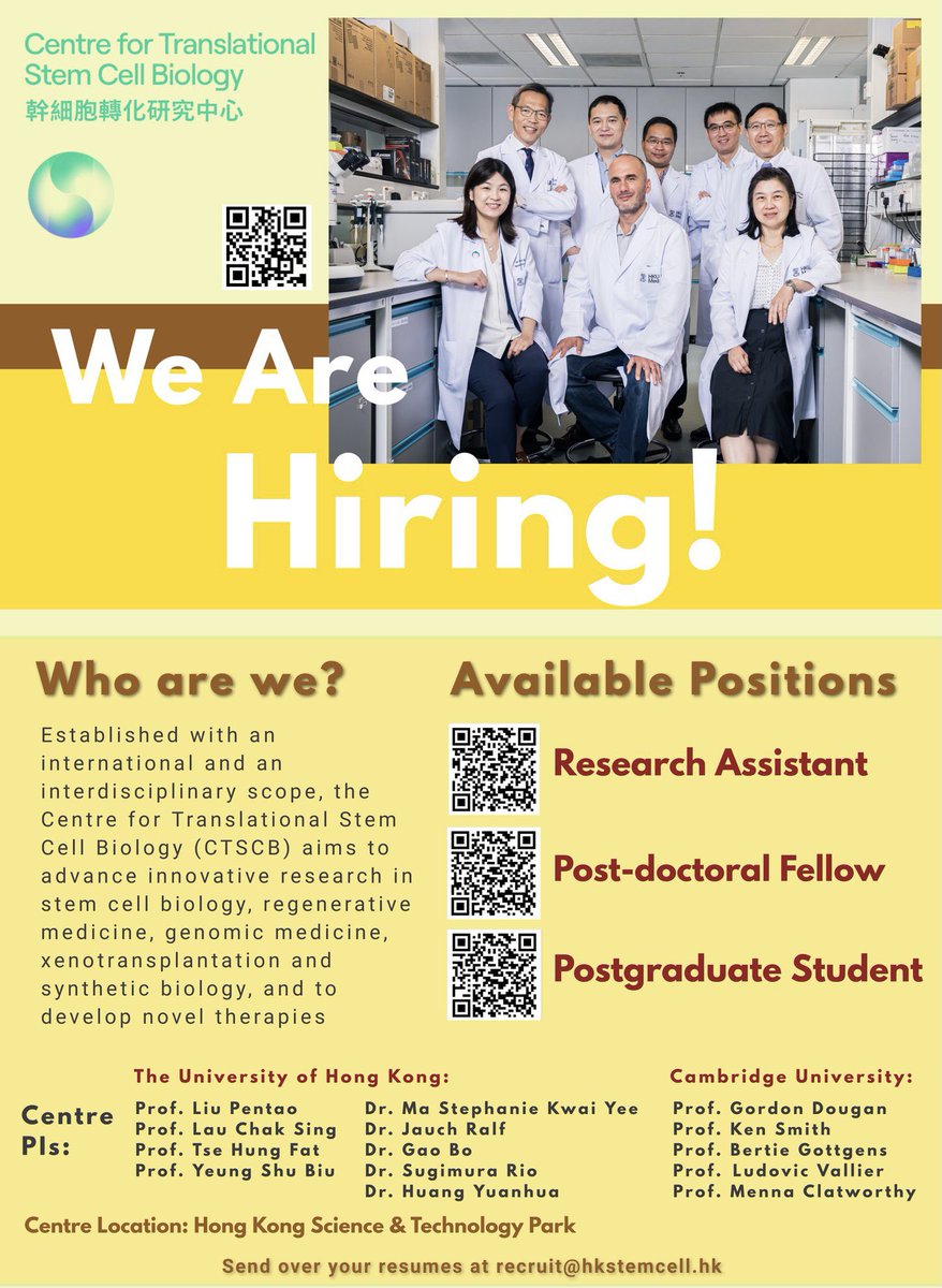 Interested in stem cell biology? Come join us at the Centre for Translational Stem Cell Biology! We are hiring!

HKU 🤝 Cambridge collaboration. Exciting opportunities await you.

#CTSCB
#HKUMed
#HKSciencePark
#HKSTP