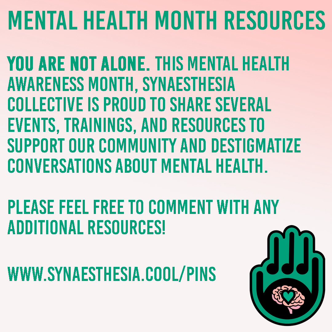 SynaesthesiaCo's tweet photo. It wouldn’t be #MentalHealthAwarenessMonth without a few resources! Sharing some of our favorites. ❤️🧠 https://t.co/W4wVxJb9zL