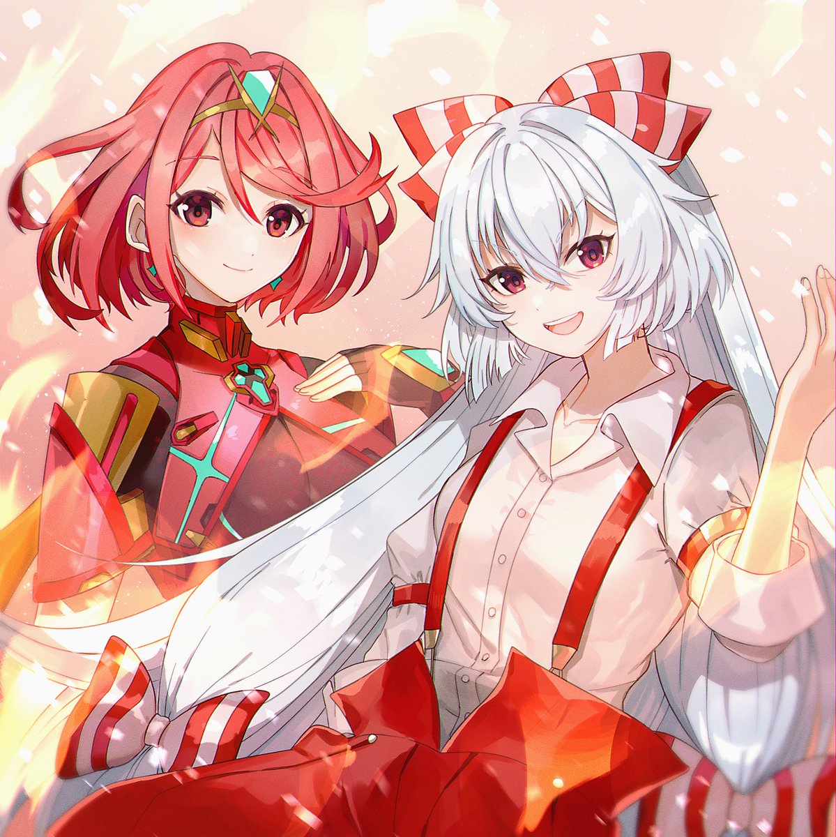fujiwara no mokou ,pyra (xenoblade) multiple girls 2girls red eyes red hair long hair red pants suspenders  illustration images