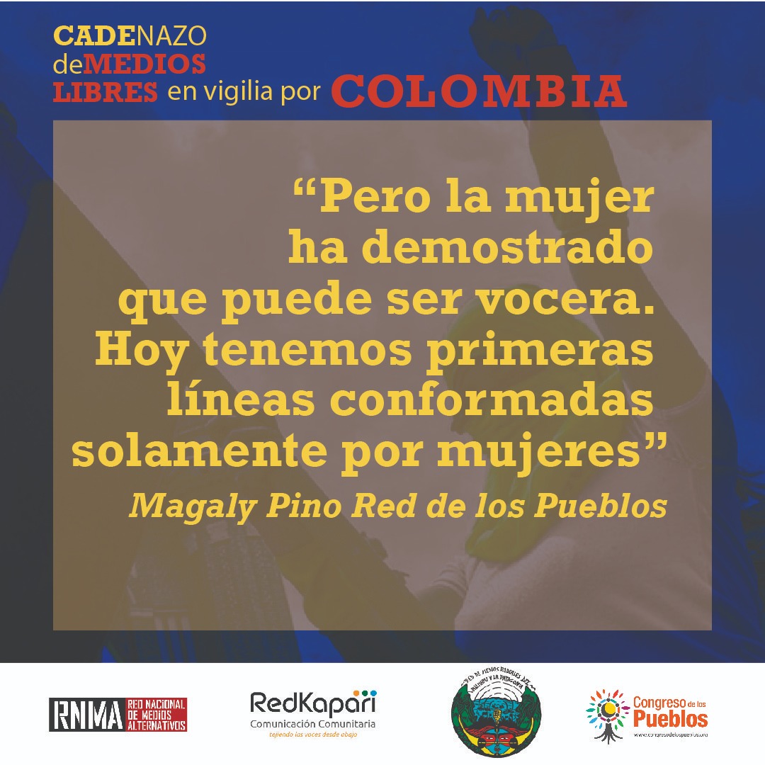 ⭕ Ahora Cadenazo de Medios Libres - Recortes: Entrevista a Magaly Pino Red de Los Pueblos  Colombia. 

#MediosLibresPorColombia
#VigiliaPorColombia
#DuqueRenuncieYA
#ElParoNoPara #ElParoSigue #SOSColo #ColombiaResistencia