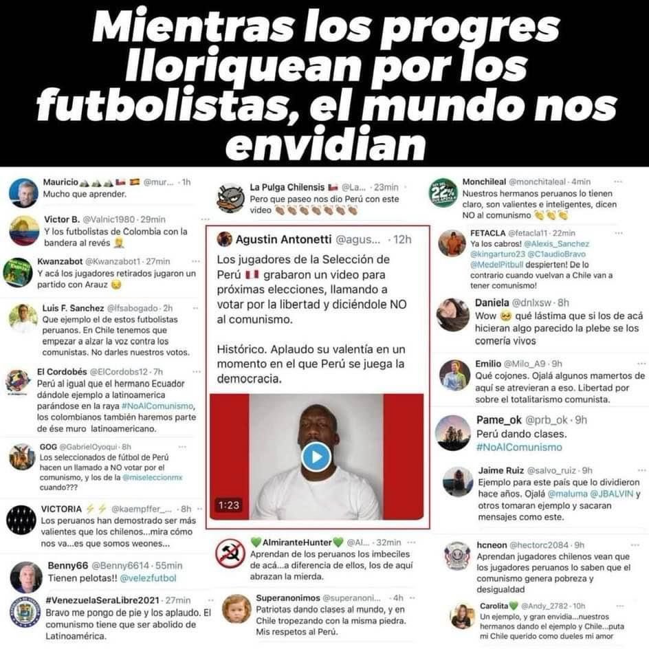 Vean la foto ampliada y noten como admiran desde fuera que futbolistas y deportistas en general se pronuncien en defensa de la democracia ante la perversa amenaza comunista. 
Solo a pro comunistas les puede molestar ese gesto de libertad.
#PonteLaCamisetaPerú