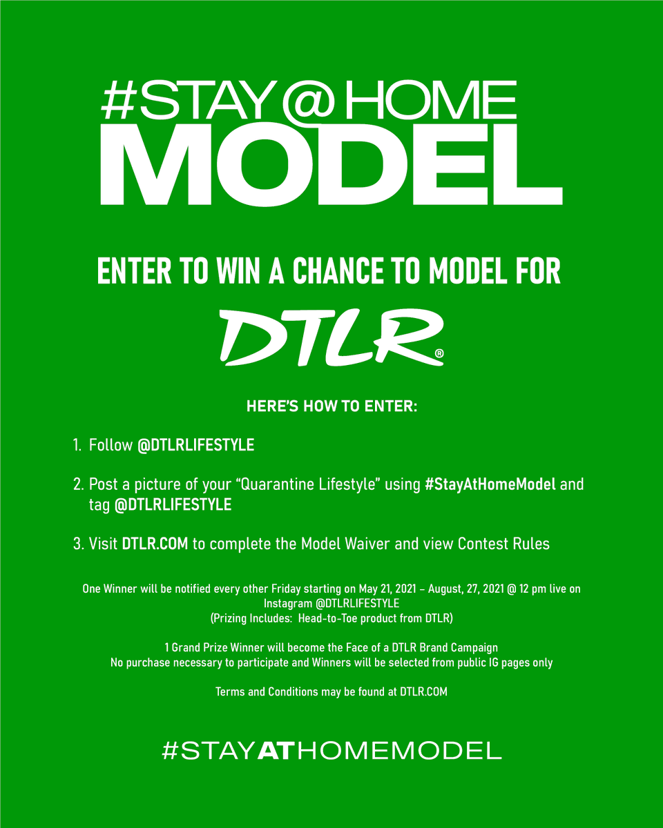 DTLRVILLA's tweet photo. π¨ CALLING ALL #MODELS π¨
ππΎ Follow Us On IG @DTLRlifestyle
ππΎ Post a pic of ur "Quaratine Lifestyle"
ππΎ Complete the model waiver https://t.co/dToxjTrh0X
ππΎ Use #StayAtHomeModel and @DTLRLifestyle
1 winner will be announced LIVE EVERY FRIDAY on IG ONLY.
#DTLR
#DTLRModels https://t.co/hOP99pg1Ai