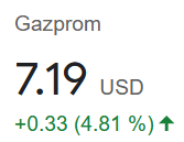 gprofitos's tweet photo. Notición para Gazprom. Aún lejos de los USD 9,4 de target de MS. Que sigue siendo conservador, para una acción con un p/e cercano a 3, y un div yield de 15%. Siempre castigada por su parte geopolítica, a pesar de los buenos fundamentals. #putin #ogzd #ogzpy #russia #biden https://t.co/mp32KbKuoB