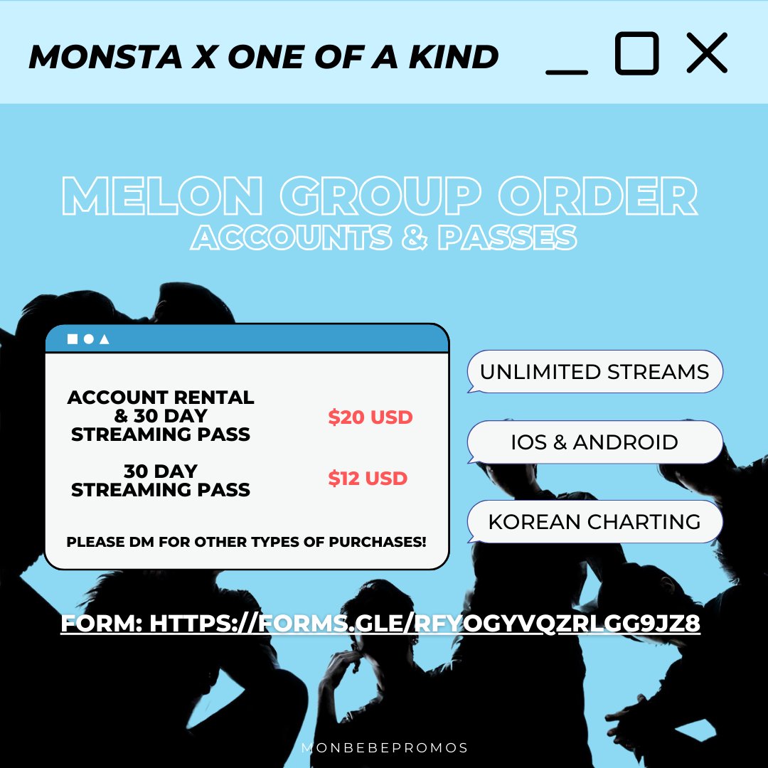 MonbebePromos's tweet photo. [🎵] MONSTA X One Of A Kind - Melon Group Order
 
♡ Buy your Melon accounts and passes with us to help with Korean charting &amp; music shows!
 
♡ Form: https://t.co/zY3HNKkEAv
 
#MONSTAX #몬스타엑스
#One_Of_A_Kind
@OfficialMonstaX https://t.co/oFFksTDFE7