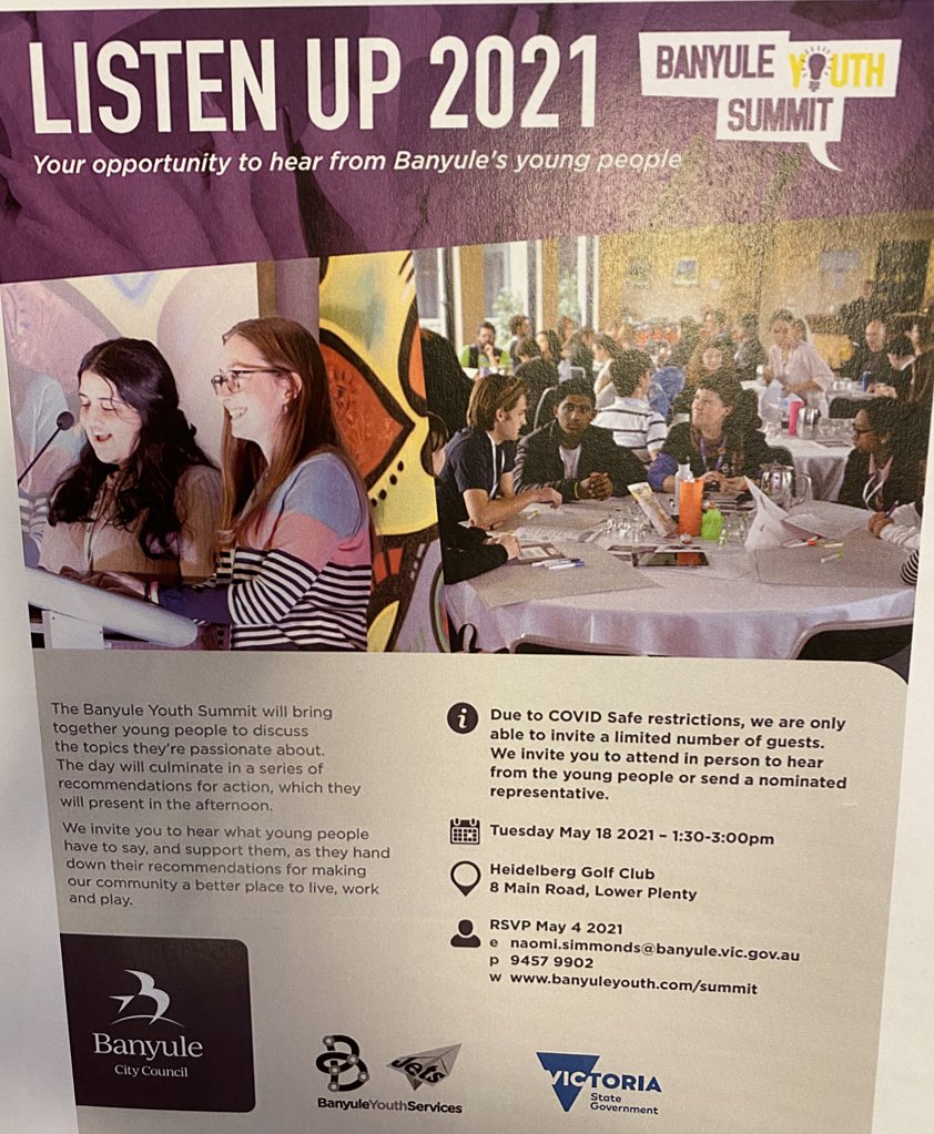 Huge contributions from school students at the bi-annual <a href="/BanyuleCouncil/">Banyule City Council</a> <a href="/BanyuleYouth/">Banyule Yth Services</a> summit 2021. I joined <a href="/ThwaitesKate/">Kate Thwaites</a> &amp; <a href="/VickiWardMP/">Vicki Ward MP 🌈</a> for the report back session. Our Victorian Govt Youth Strategy is due for release later this year with Minister for Youth <a href="/RosSpenceMP/">Ros Spence MP</a>