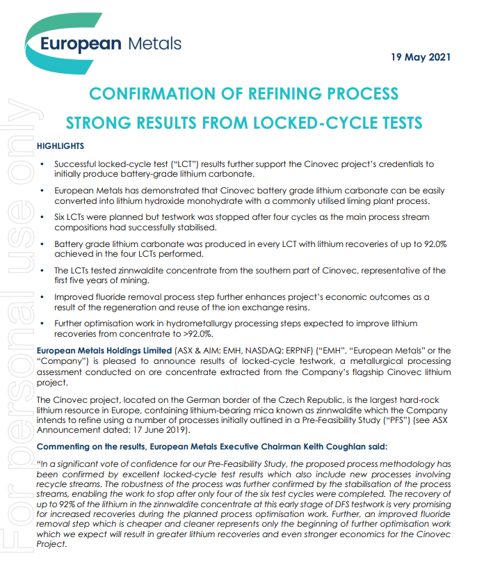 CzechLithium's tweet photo. Further good, positive news from Cinovec. Confirmation of process, excellent test results and very high lithium recoveries.     https://t.co/DotcpcQjG8 https://t.co/VAJ2o12QSM