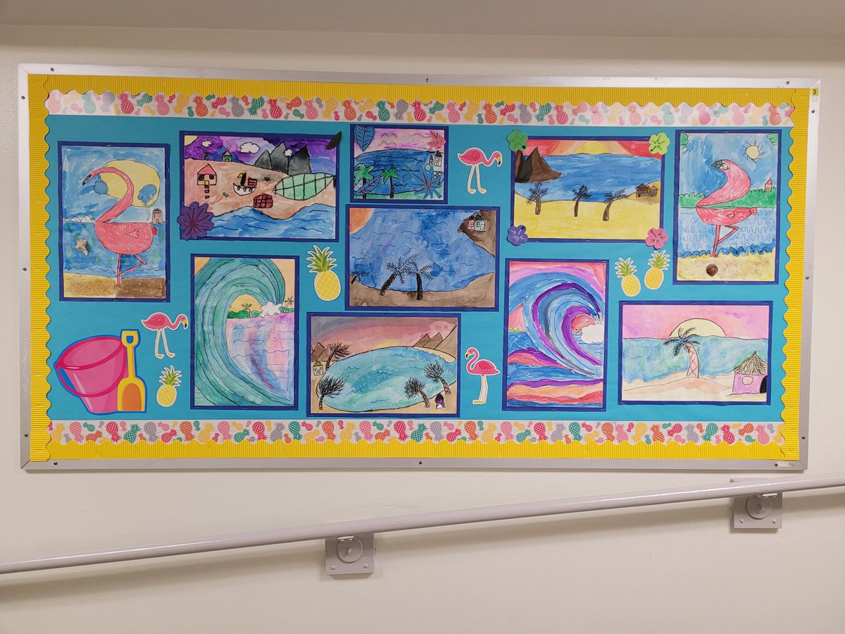 GPeabodyElem's tweet photo. Aloha, #chargerfamily! 😎 Take a look at this sand-tastic 🦩 artwork by our talented students. 🏖 #ILoveMySchool #gpstrongertogether https://t.co/daUKKR8Sp9