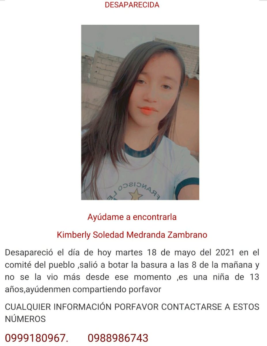 PatoBorja's tweet photo. Otra niña desaparecida. Salió hoy a las 8:00 a botar la basura cerca de su casa, sector Comité del Pueblo, y no regresó. Las primeras horas son vitales en la búsqueda, la angustia es terrible. Compartan 🙏 @FiscaliaEcuador @PoliciaEcuador https://t.co/LgnQBBmgzT