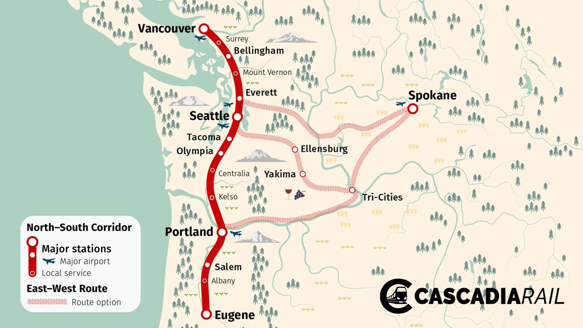 Happy #CascadiaDay! May 18 is an annual reminder of the dynamism and continual evolution of the #Cascadia region — sharing the anniversary of the Mt. St. Helens eruption. 🌋 It’s a day when the #PNW celebrates positive change in the region — this year, notably #highspeedrail! 🚆