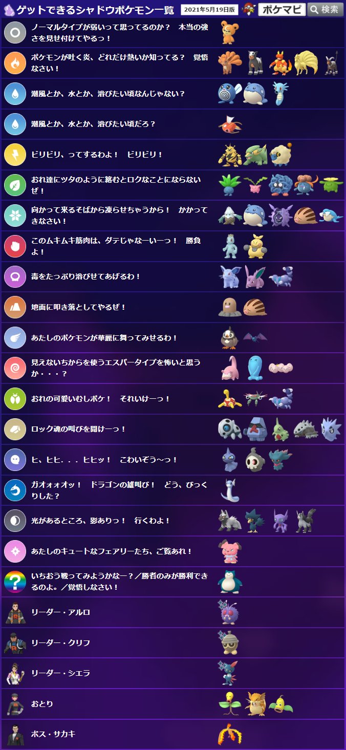 ポケモンgo攻略情報 ポケマピ Goロケット団の使用ポケモン ゲットできるシャドウポケモン一覧 21 5 19 水 更新版 フェアリーレジェンドyのイベント開催に伴い したっぱ リーダーの使用ポケモンが一部変更されています T Co 1hrh5d8qiq