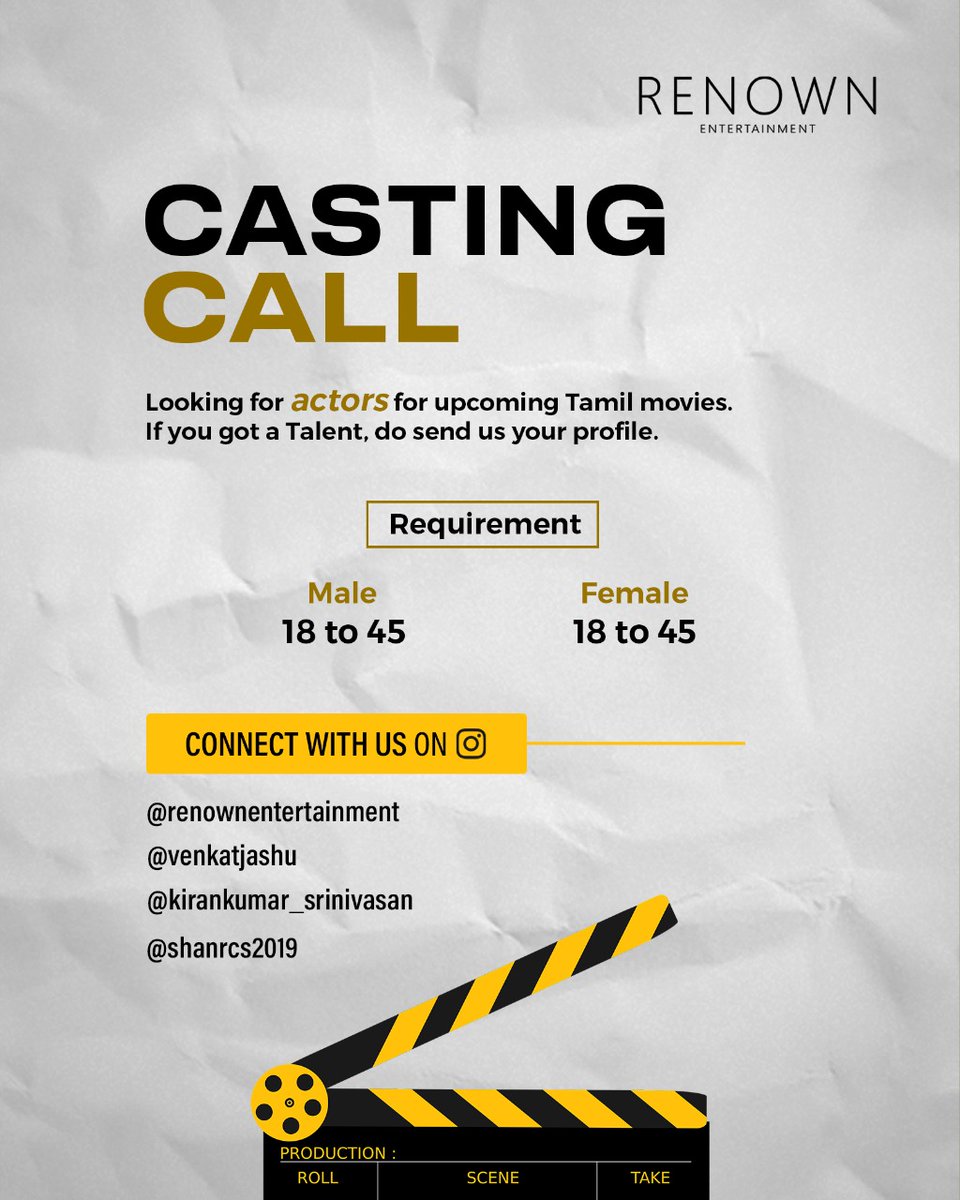 skiran_kumar's tweet photo. #Castingcall - Looking for #actors for #upcomingtamilmovies if you got a #talent do send us your profile.
@venkatjashu #castingcalls #audition #auditionupdate https://t.co/jP7tJy2BqG