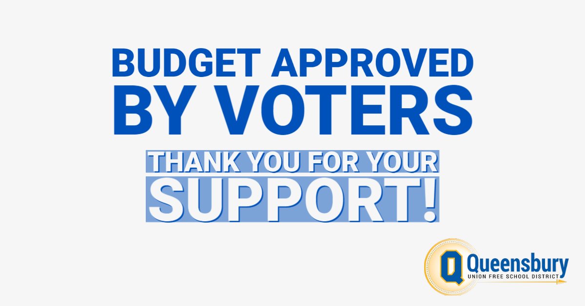 QUFSD voters passed the 2021-22 budget by a vote of 833 to 286, and the bus proposition by 852 to 269. Voters also elected Dawn Bleyenburg and Jamey Hardesty to fill two open seats on the Board of Education. 

Thank you for your support, QUFSD! bit.ly/3yofFPa