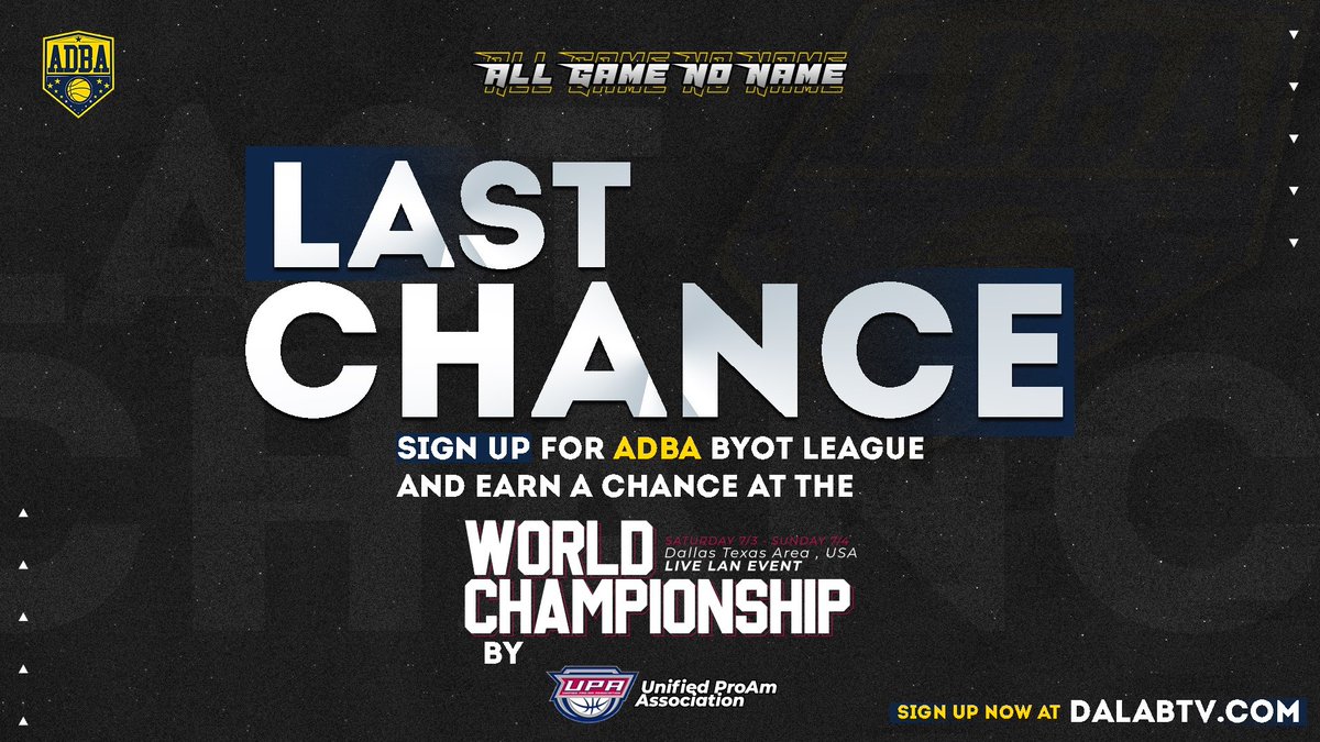 MarkusTerrell's tweet image. Registration to be eligible for the ALL GAME NO NAME SEASON 5 open tournament has been pushed back until Midnight tonight. No futher addtions will be made after that time!!! Lets lock in !!! Register using the link below!!! @AdbaPro

dalabtv.com/ADBA/tournamen…
