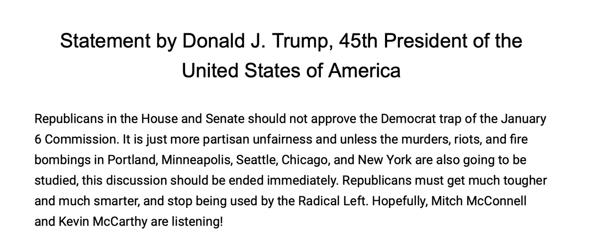 Former President Trump makes the exceedingly obvious point that the Jan 6 commission is a partisan political trap being set by opponents of the GOP and says that Republicans must "get much tougher and much smarter, and stop being used by the Radical Left."