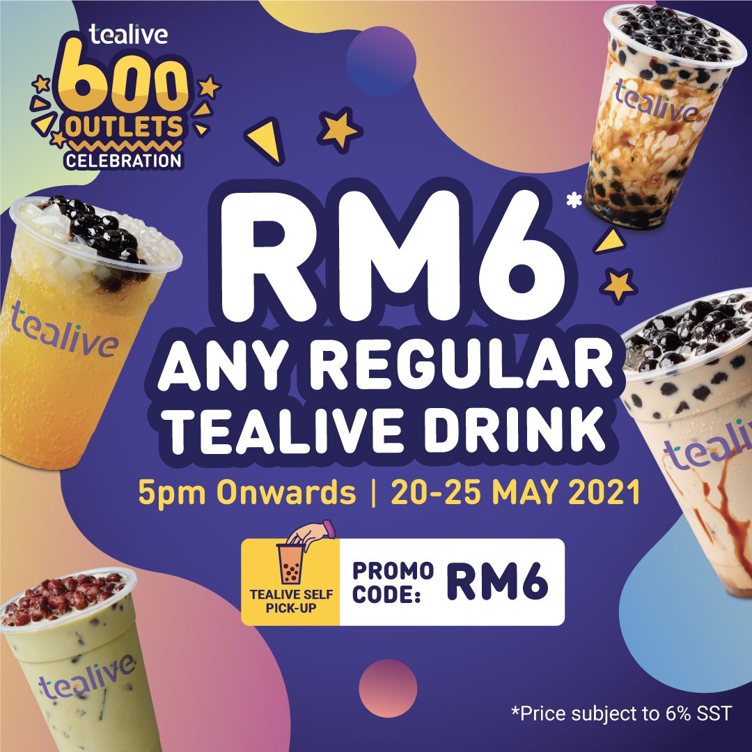 CartoolaMY's tweet photo. HELLO, NATIONWIDE CELEBRATION 🎉 From 20-25 May 2021, fans can get ANY Tealive (Regular) drink at only RM6, starting 5PM 😍  If you're ordering ahead for Self Pick-Up, don't forget to enter promo code 'RM6'! So mark your calendar &amp; happy #Tealive600 💜
Price subject to 6% SST. https://t.co/latJoR8udq