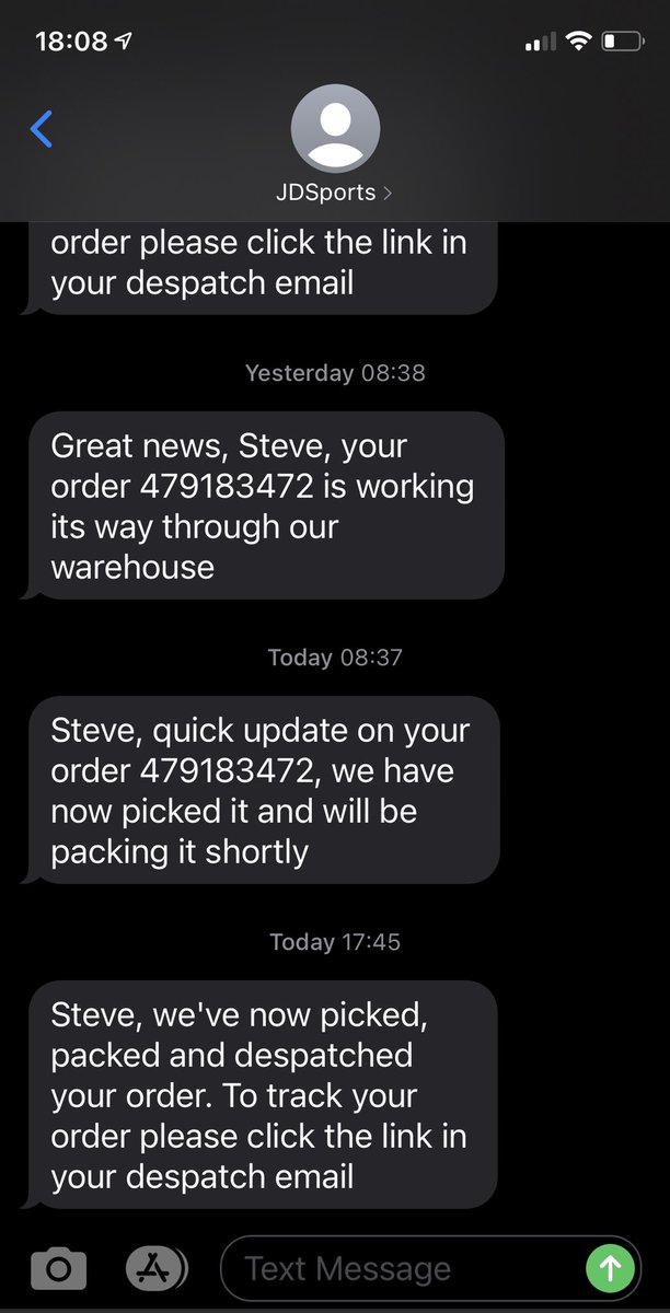 sokalsky's tweet photo. @JDSports One text to say you have my order and another with tracking to say you've shipped it is perfect, pls not 4 texts and the last asking me to check my email if I want to tracking 😖Why no tracking link? This is really annoying! Great shoes, crappy comms! https://t.co/Oxe9tKmii2