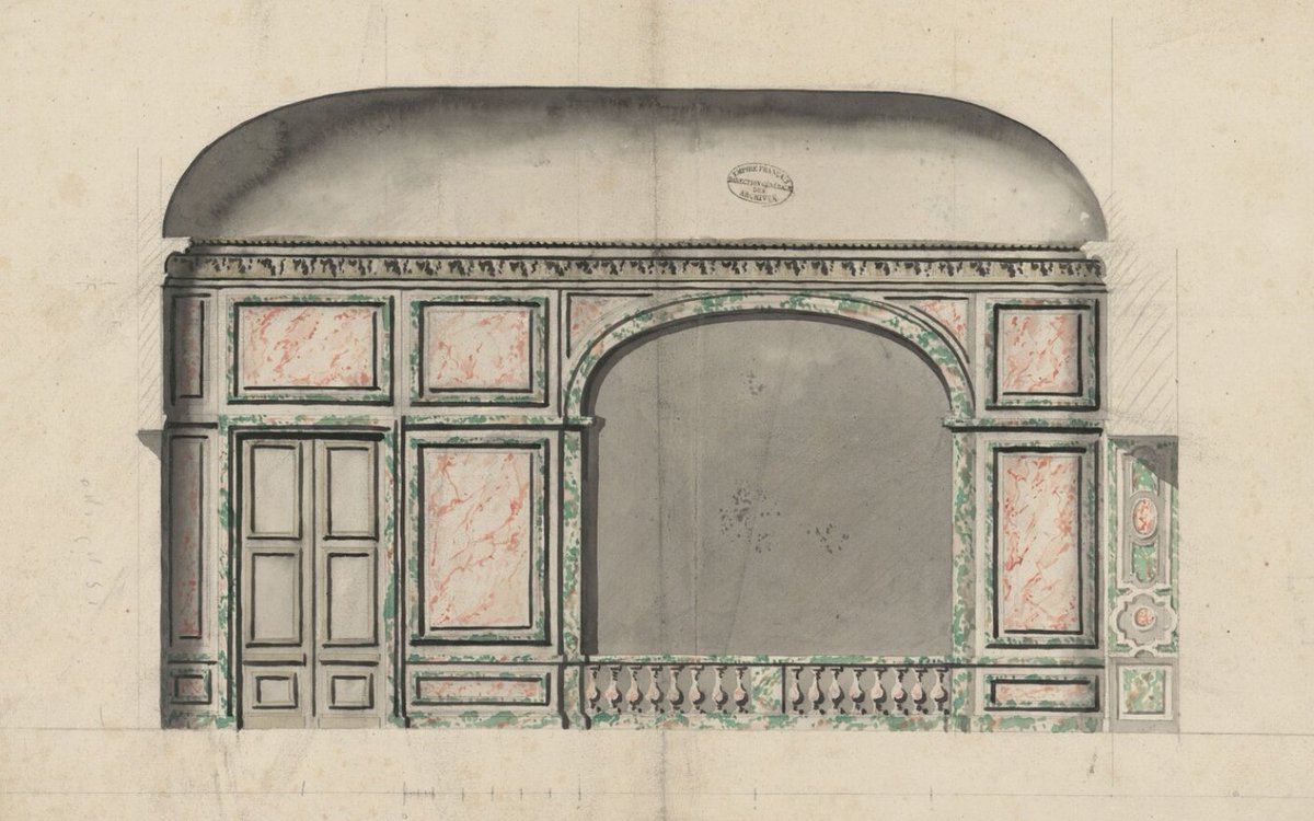 #PlanduJour  Coupe sur le vestibule de l'escalier de la Reine, avec ses lambris de marbre et la grande arcade ouverte pour former une Loggia [1701] #VERSPERA dessin conservé <a href="/ArchivesnatFr/">Archives nationales de France</a> 

📚➡️…images.chateauversailles-recherche.fr/?query=search=…