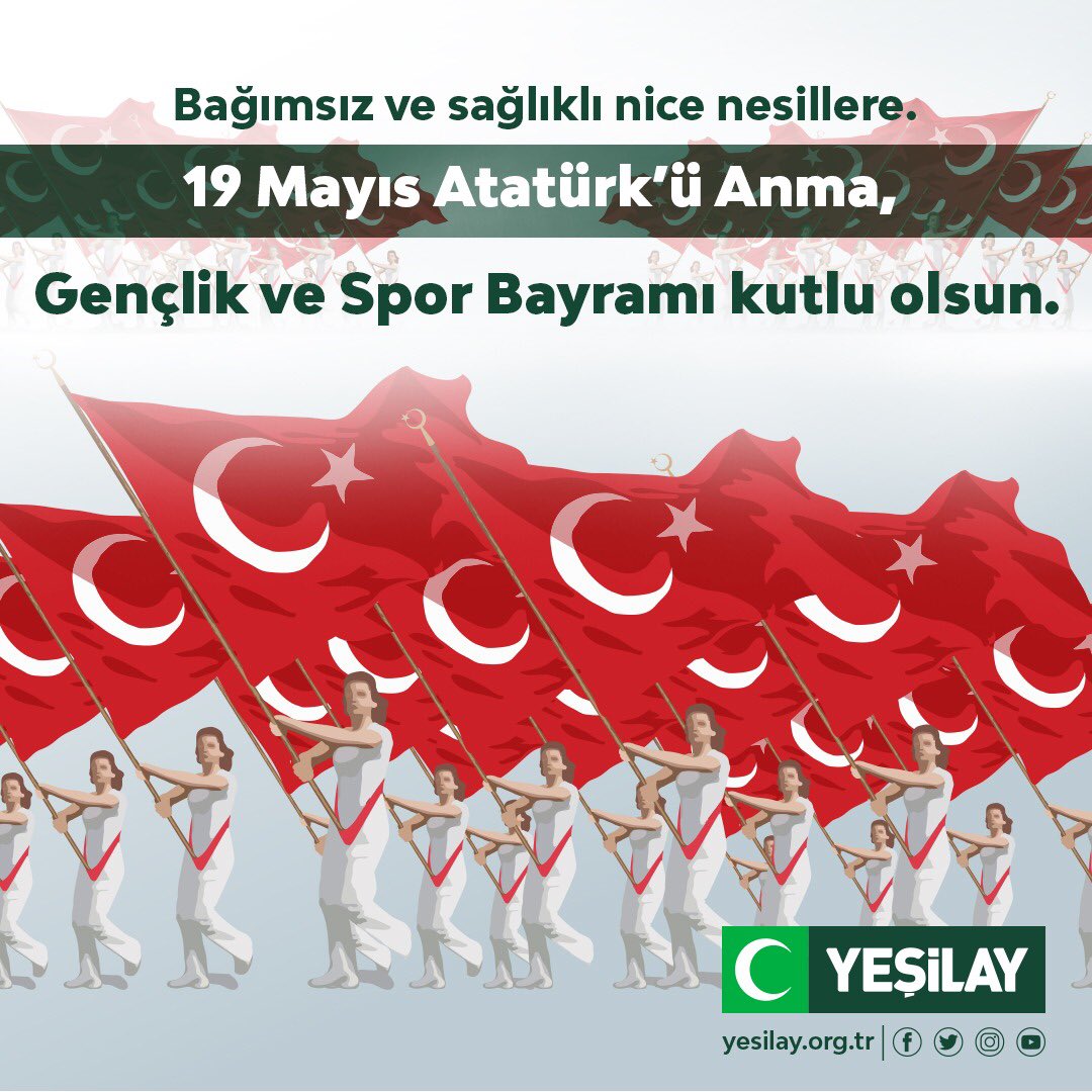 Gençlerimizin yarınlarımız olduğunu biliyor, mutlu ve sağlıklı yarınları onların desteğiyle inşa etmeyi hedefliyoruz. Geleceğimiz olan gençlerimizin 19 Mayıs Atatürk’ü Anma, Gençlik ve Spor Bayramı kutlu olsun.

#Yeşilay 🇹🇷 #19Mayıs