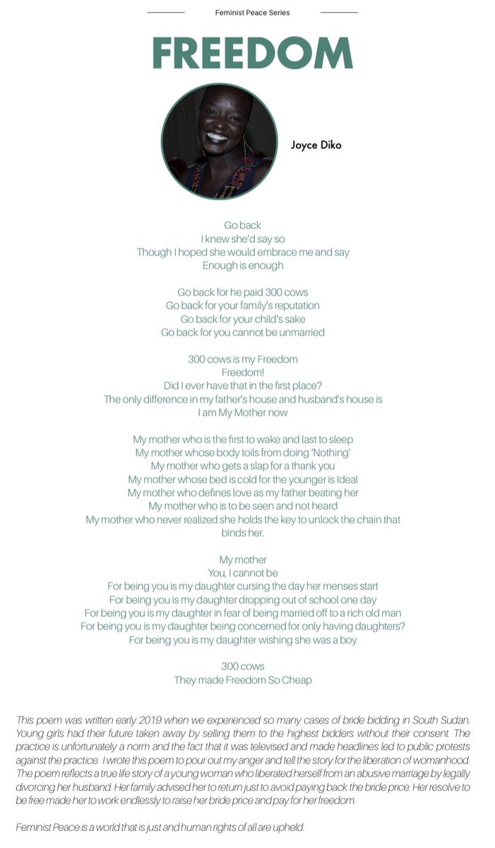 GenderTalk211's tweet photo. Joyce Diko shares a heartfelt poem on #FeministPeaceSeries describing dowry and how it holds her freedom hostage. 

What are your thoughts on the dowry payment? Should both a man and woman pay dowry or should it be entirely abolished to achieve equality? #SouthSudan #SSOT https://t.co/YLGnZ1I9rC