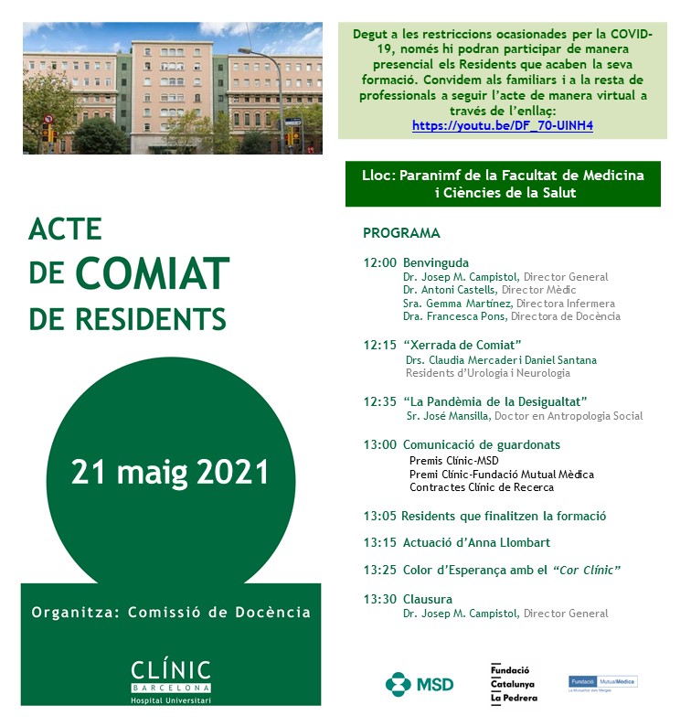 El 21 de maig celebrarem l’ACTE DE COMIAT DE RESIDENTS de @hospitalclinic. Es mereixen que els acompanyem! Ho podeu fer “virtualment” aquí: 👉youtu.be/DF_70-UINH4 #ResidentsCLÍNIC