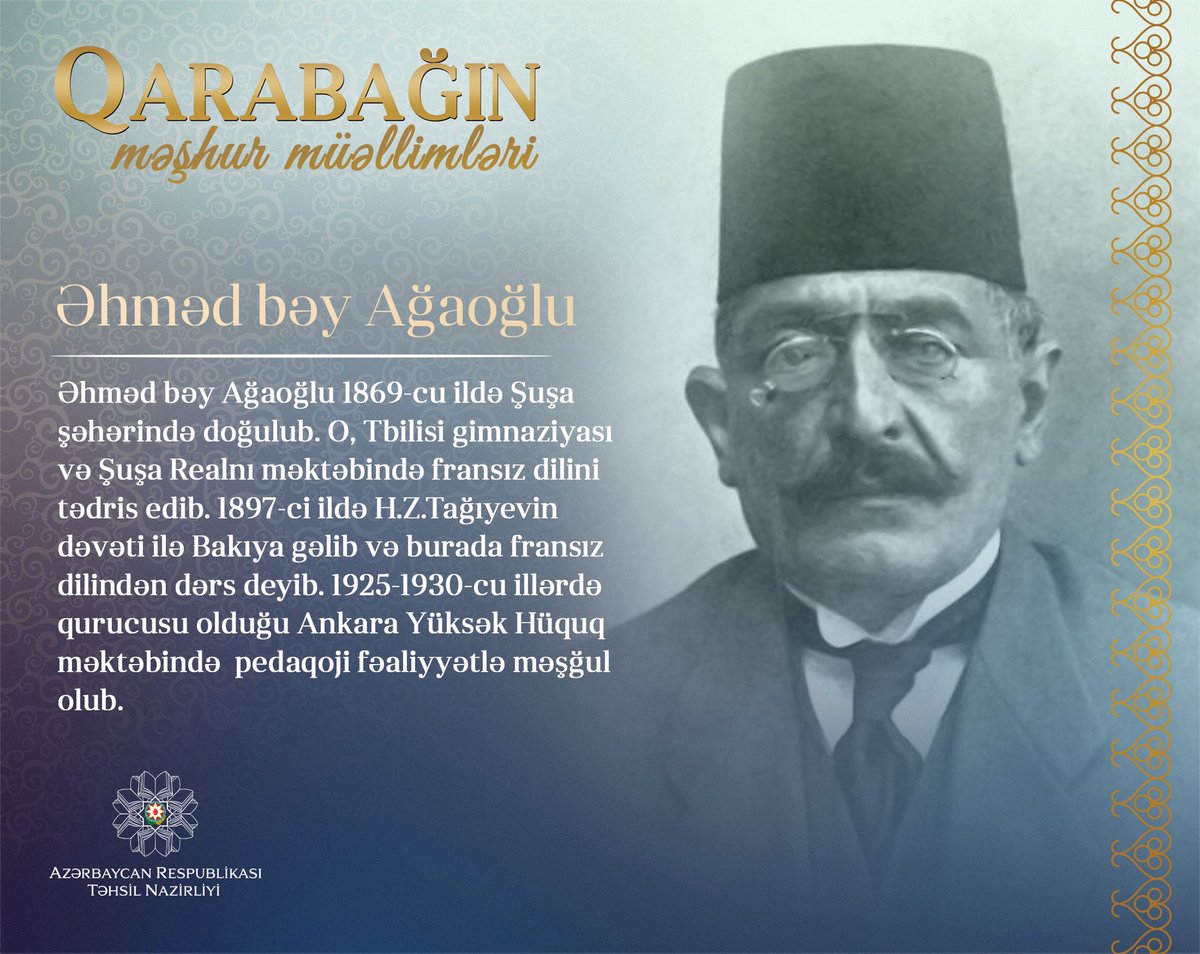RahimovaGH's tweet photo. Bu gün Əhməd bəy Ağaoğlunun anım günüdür. Azərbaycanın qurucularından biri, Atatürkün dostu və Türkiyənin qurulmasında yaxından iştirak etmiş qəhrəman, fədakar, zəkalı bir şəxsiyyət. Ruhun şad olsun! #Ağaoğlu #difai #ADR #19MAYIS https://t.co/jeyAP9wj88