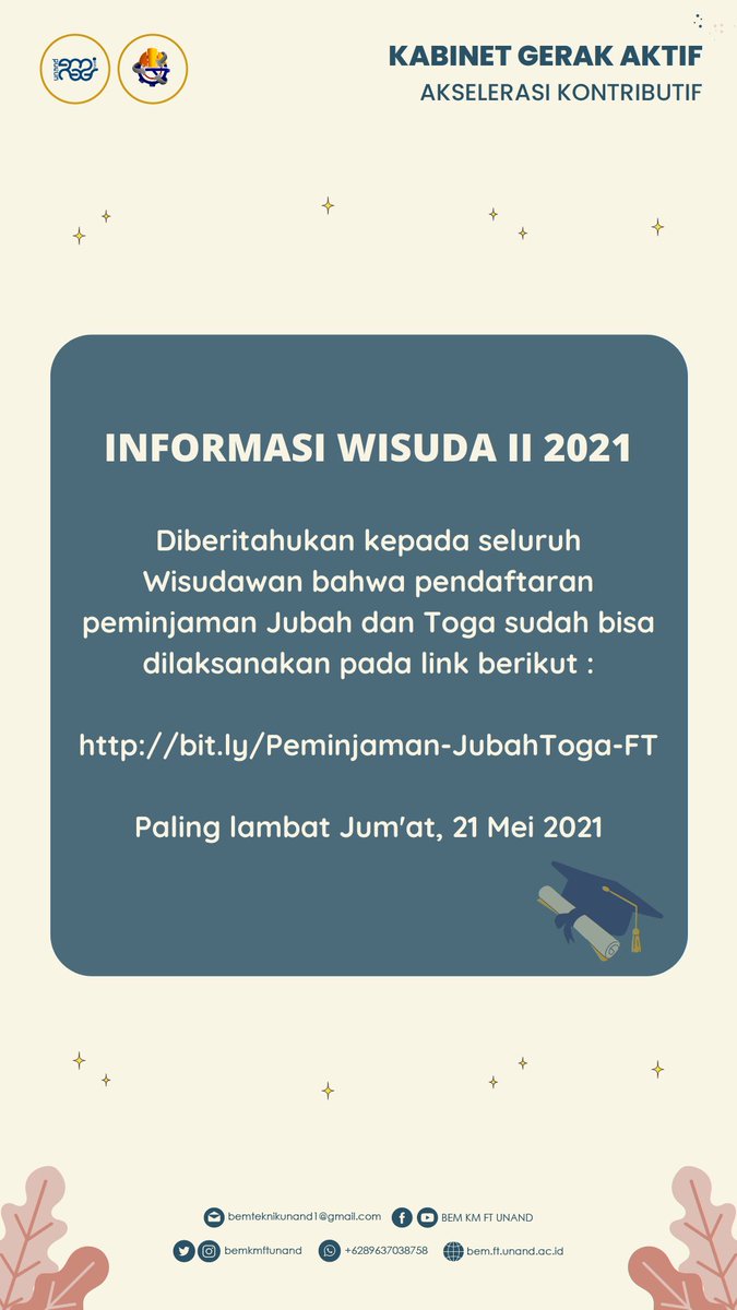 bemkmftunand's tweet photo. INFORMASI WISUDA II 2021

Diberitahukan kepada seluruh Wisudawan bahwa pendaftaran peminjaman Jubah dan Toga sudah bisa dilaksanakan pada
link berikut :
https://t.co/W9a9gyDhNj

Paling lambat Jum'at, 21 Mei 2021 https://t.co/bW9f5duBgk