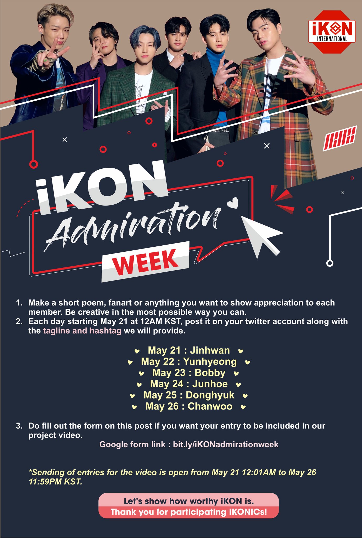 Ikon International Fan Project Show How Much Ikon Is Worthy Of Our Love And Support For Our Ikon Admiration Week From May 21 To 26 At 12am Kst See Poster Ikon International Fan Project Show How Much Ikon Is Worthy Of Our Love And Support For Our Ikon Admiration Week From May 21 To 26 At 12am Kst See Poster