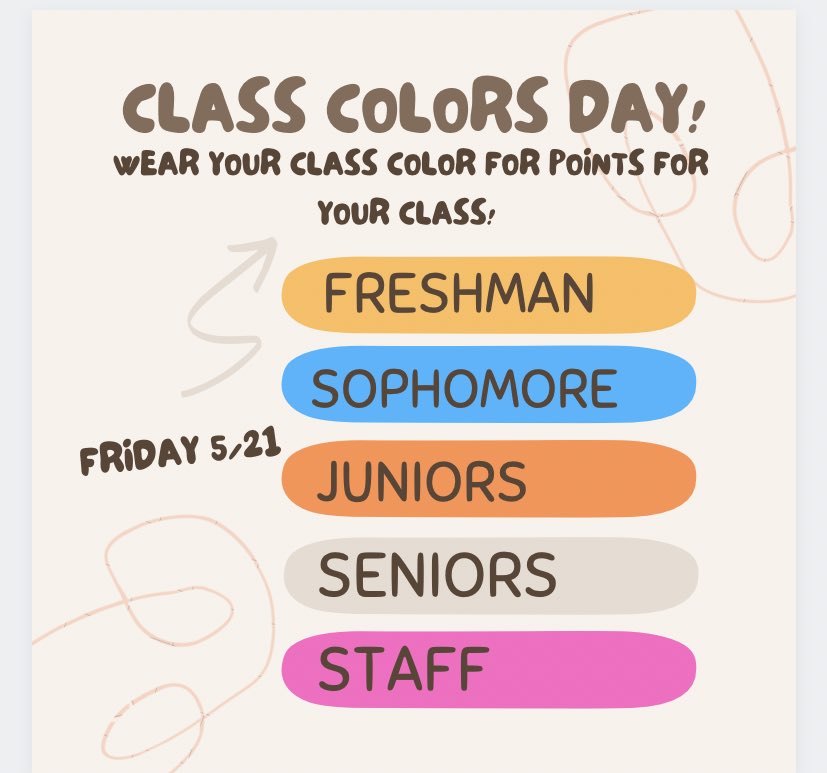 FRIDAY IS CLASS COLORS DAY💛💙🧡🤍💓show your spirit by sporting your class color! Be the most SPIRITED class!! (Submit a photo in your color to the form in the bear buzz to earn points for your class!)