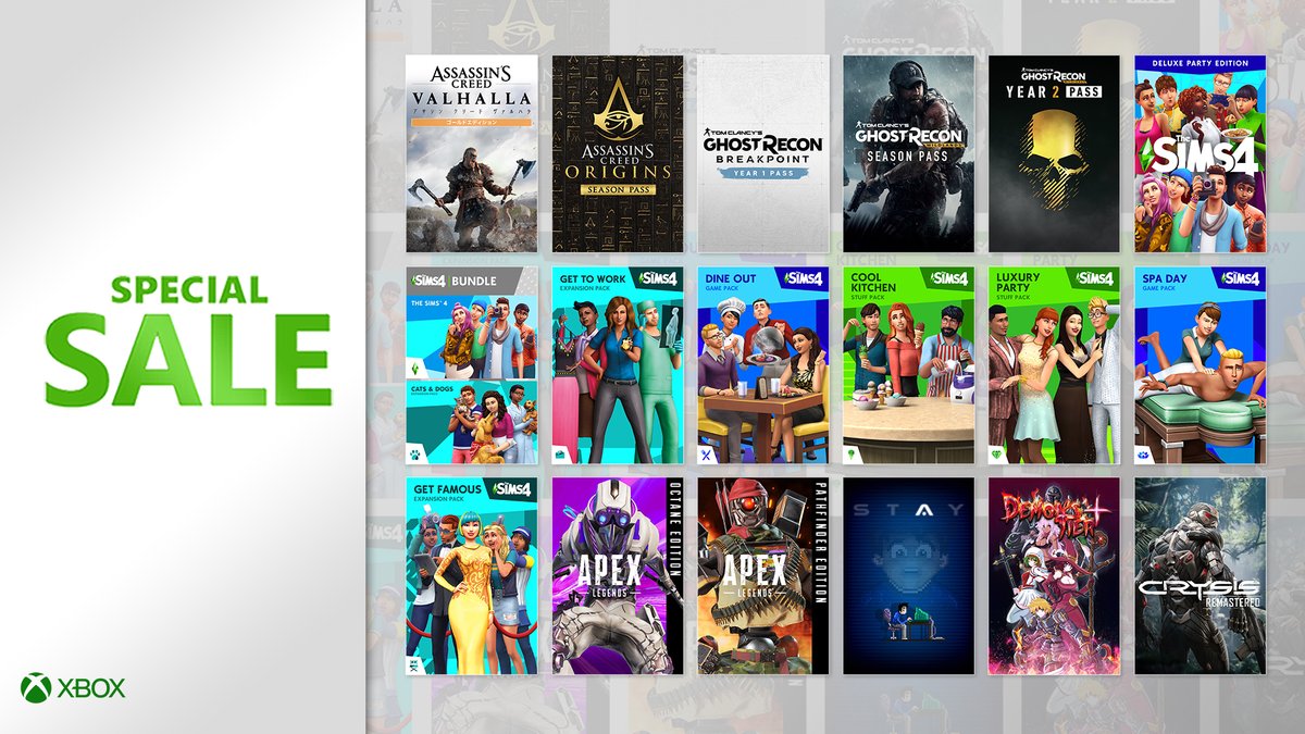 Xbox Japan على تويتر スペシャルセールでは ゴーストリコン ワイルドランズのシーズンパスやエーペックスレジェンズ シリーズ そして The Sims 4 の多数の追加コンテンツなどが 最大 80 Off さあ Xbox ゲームストアをチェックしてみよう T Co