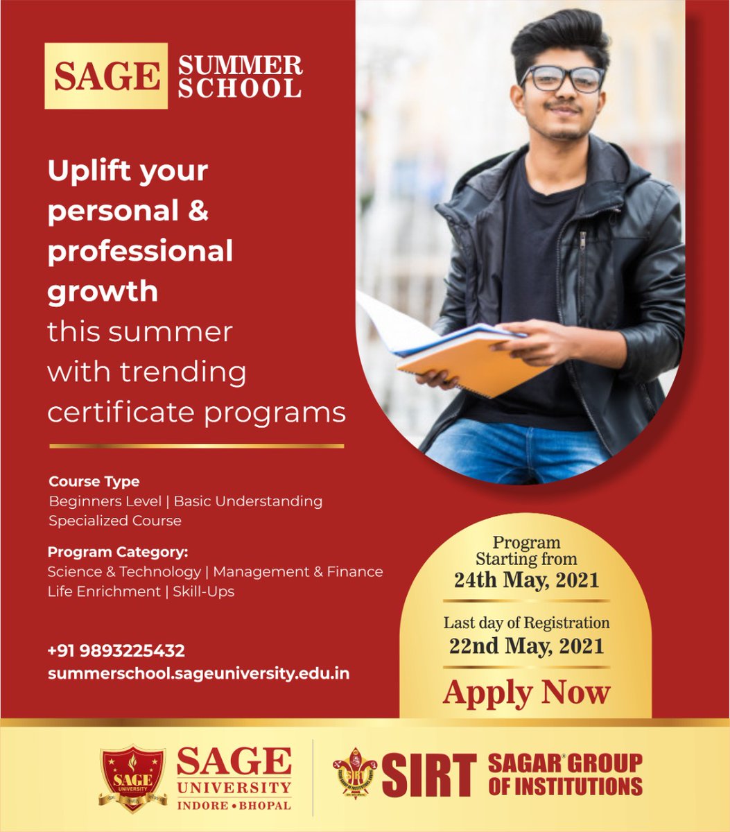 Sanjeev Agrawal (@agrawalsanjeev4) on Twitter photo Sage Summer School 2021 offering certification courses by
<a href="/SAGE_INDORE/">SAGE University Indore</a>
<a href="/SageUniBhopal/">SAGE University Bhopal</a>
<a href="/SIRT_BHOPAL/">SIRT BHOPAL</a>
Registration Open! Starting May 24th
50+ Basic to advanced courses
150+ Industry Experts
Apply: lnkd.in/gx8Vd4C
Call: 9893225432
mail: info.summerschool@thesage.co.in Sage Summer School 2021 offering certification courses by
<a href="/SAGE_INDORE/">SAGE University Indore</a>
<a href="/SageUniBhopal/">SAGE University Bhopal</a>
<a href="/SIRT_BHOPAL/">SIRT BHOPAL</a>
Registration Open! Starting May 24th
50+ Basic to advanced courses
150+ Industry Experts
Apply: lnkd.in/gx8Vd4C
Call: 9893225432
mail: info.summerschool@thesage.co.in