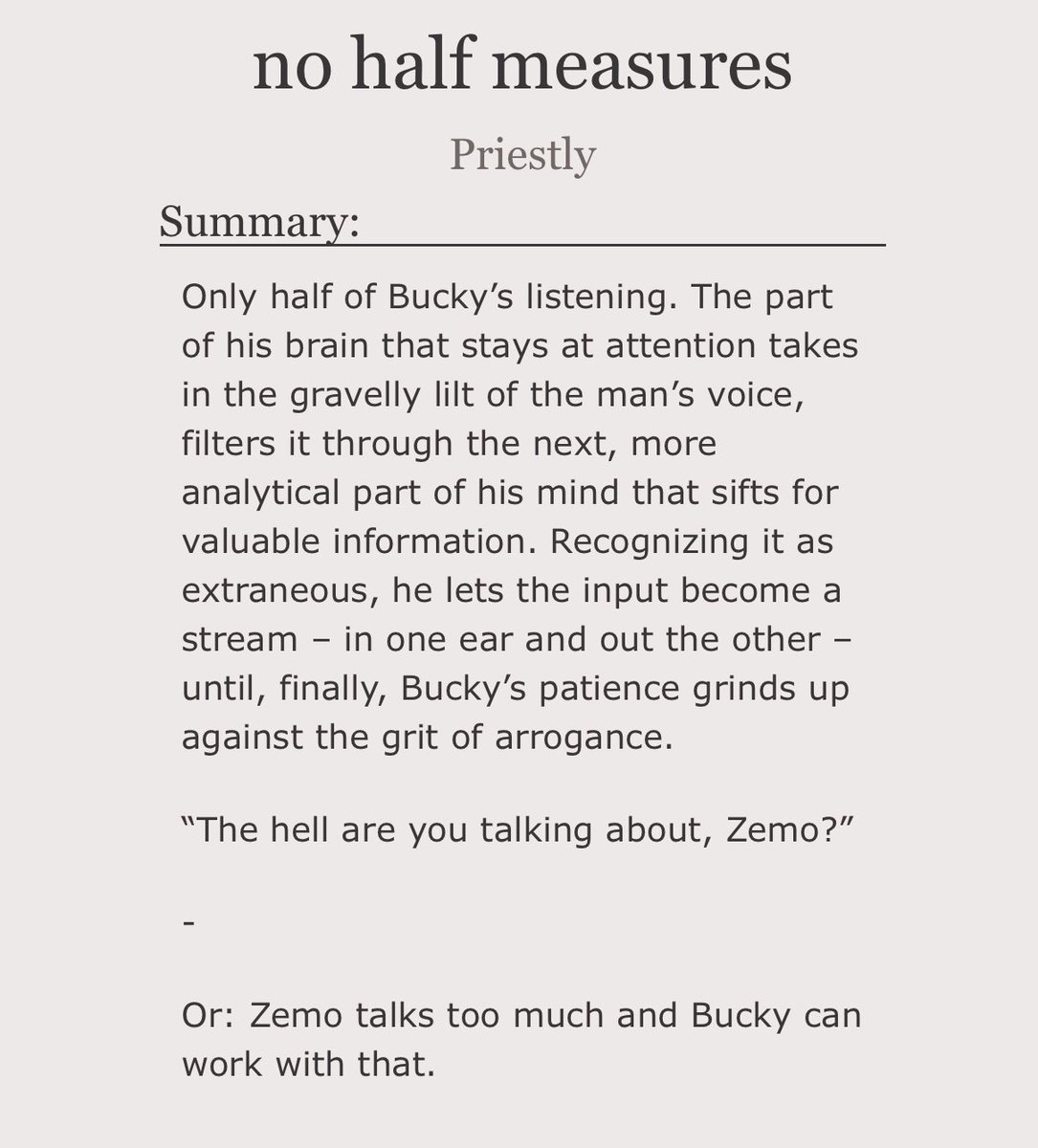 boneandarrowart's tweet photo. “no half measures” • 4.2k • rated m • zemo/bucky • enemies to lovers

zemo talks too much. bucky can work with that. 

#winterbaron #zemobucky

https://t.co/Wlb6jyM8bT https://t.co/fnkP69mt1U