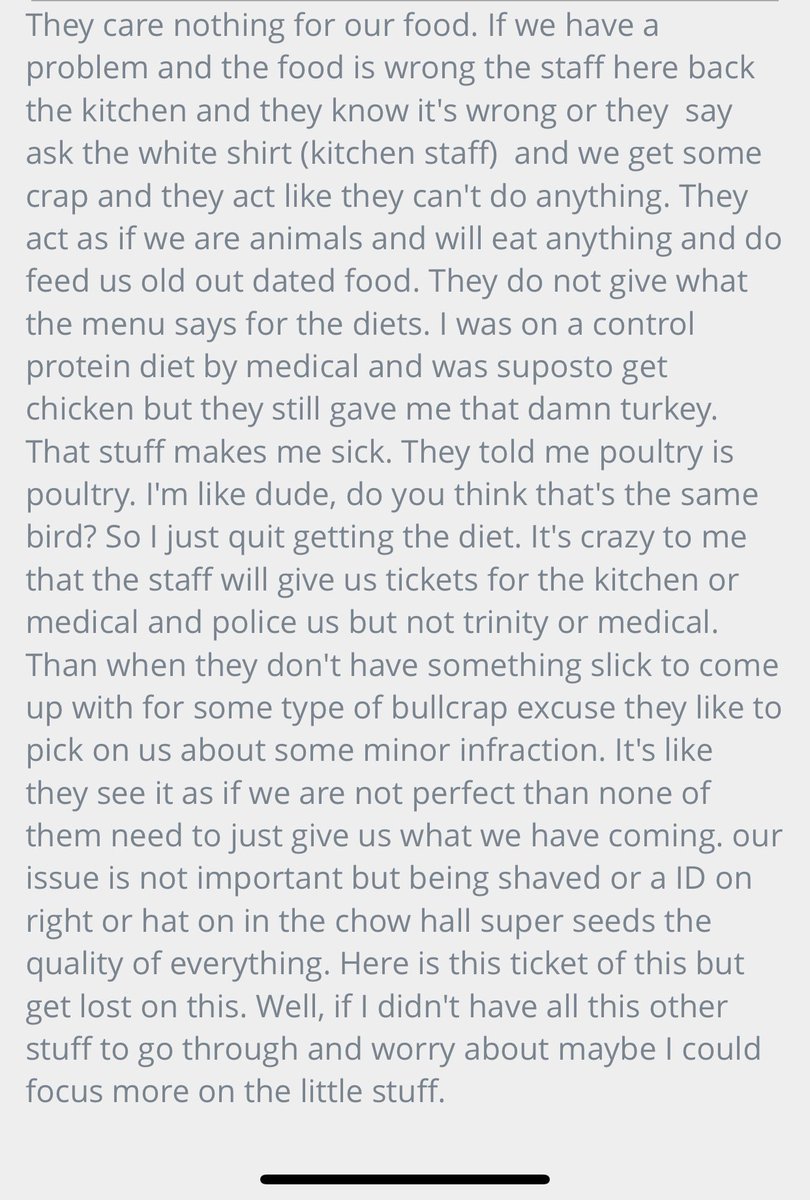 Charby4Reform's tweet photo. @JimmyJenkins It’s so sad that those who are incarcerated know the staff don’t view them as humans. They are merely less than dogs in a kennel. They get tickets for not tucking in their shirts but Trinity can serve rotted meat and it is “SATISFACTORY”! #WhereIsShinn???? Families want a meeting https://t.co/L1JS6dVmKX
