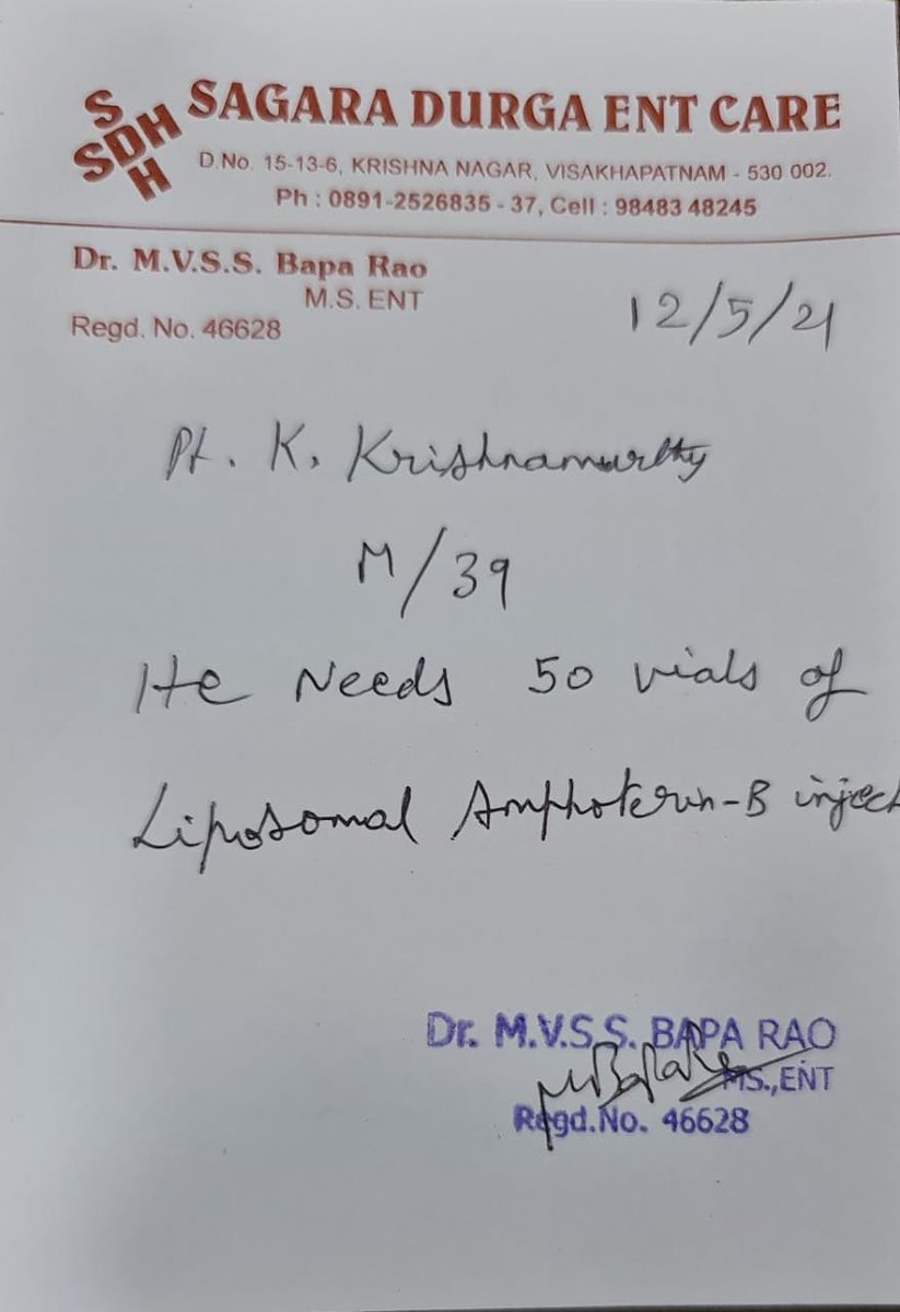ashok_chindiri's tweet photo. @chinnaraoias @ArogyaAndhra Anna ma brother in vizag hospital  need Lipsomol amphotericin b 50 mg 11 injections . suffering from black fungus.can u please arrange in hyd.i can carry them to vizag.patient attendant rajesh 9652545312 https://t.co/8oVdqT1JNj