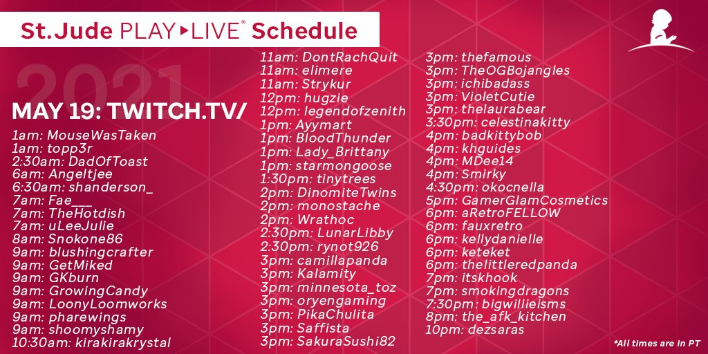 StJudePLAYLIVE's tweet image. Stop by and support these incredible broadcasters who are streaming for the kids of @StJude today! 
Learn more &amp;amp; join us: playlive.stjude.org
Get updates: discord.gg/stjudeplaylive
