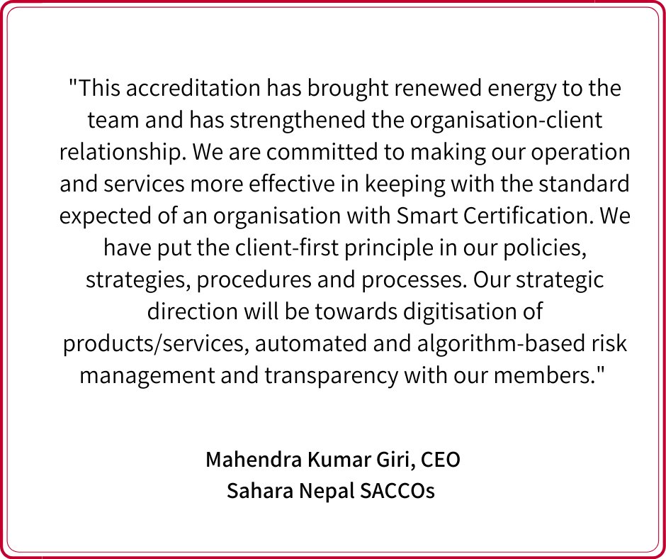 SakchyamAFP's tweet photo. “We are proud to support MFI partners in the Smart Certification process. Their #clientcentric approach will now gain further momentum. Following internationally accepted CPPs, we hope they will set standards for the Nepali #MFI industry,” 
Nirmal Dahal, Team Lead, @SakchyamAFP https://t.co/wsUpXNWnwX