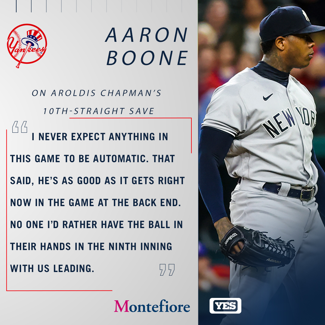 YESNetwork's tweet photo. 10 times this year Aaron Boone's given the ball to Aroldis Chapman for the save. 

All 10 times, Chapman's gotten the job done.

Sponsored by: @MontefioreNYC https://t.co/4pn1CLvI5r