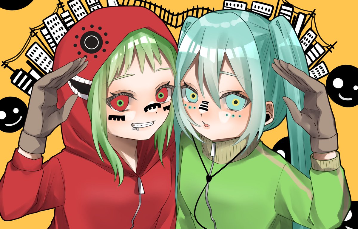 gumi ,hatsune miku multiple girls 2girls multicolored eyes hood red hoodie gloves green hair  illustration images