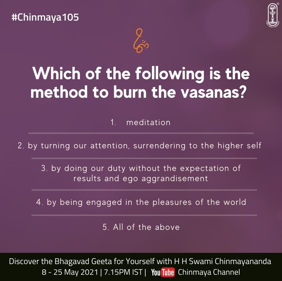 ChinmayaMission's tweet photo. Yesterday, Gurudev spoke about how deep rooted these vasanas are and how difficult they are to cross over
But he quoted few methods through which these #vasanas can be burnt.
Tell us in the comments below!
#spirituality #chinmaya105 #chinmayamission #swamichinmayananda #wisdom https://t.co/TFDdnkaAq2