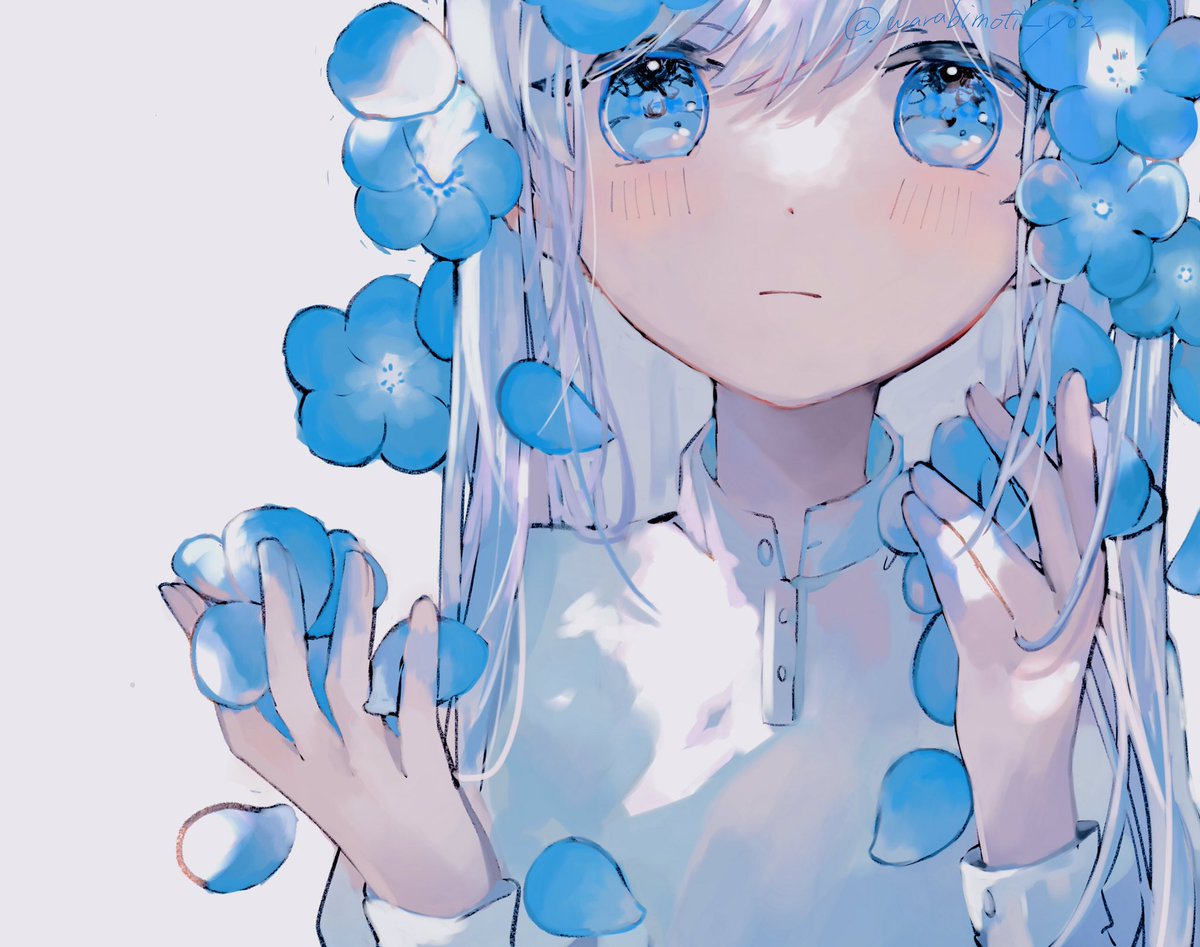 1girl solo flower blue eyes petals long hair looking at viewer  illustration images