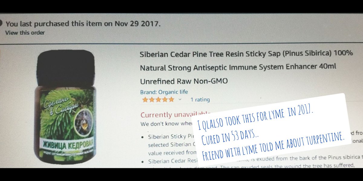 IceAge_Farming's tweet image. I also took this for lyme in 2017.
Cured in 53 days..
Friend with lyme told me about turpentine but I chose 20% resin in oil. Turps comes from cedar tree gum apparently.
