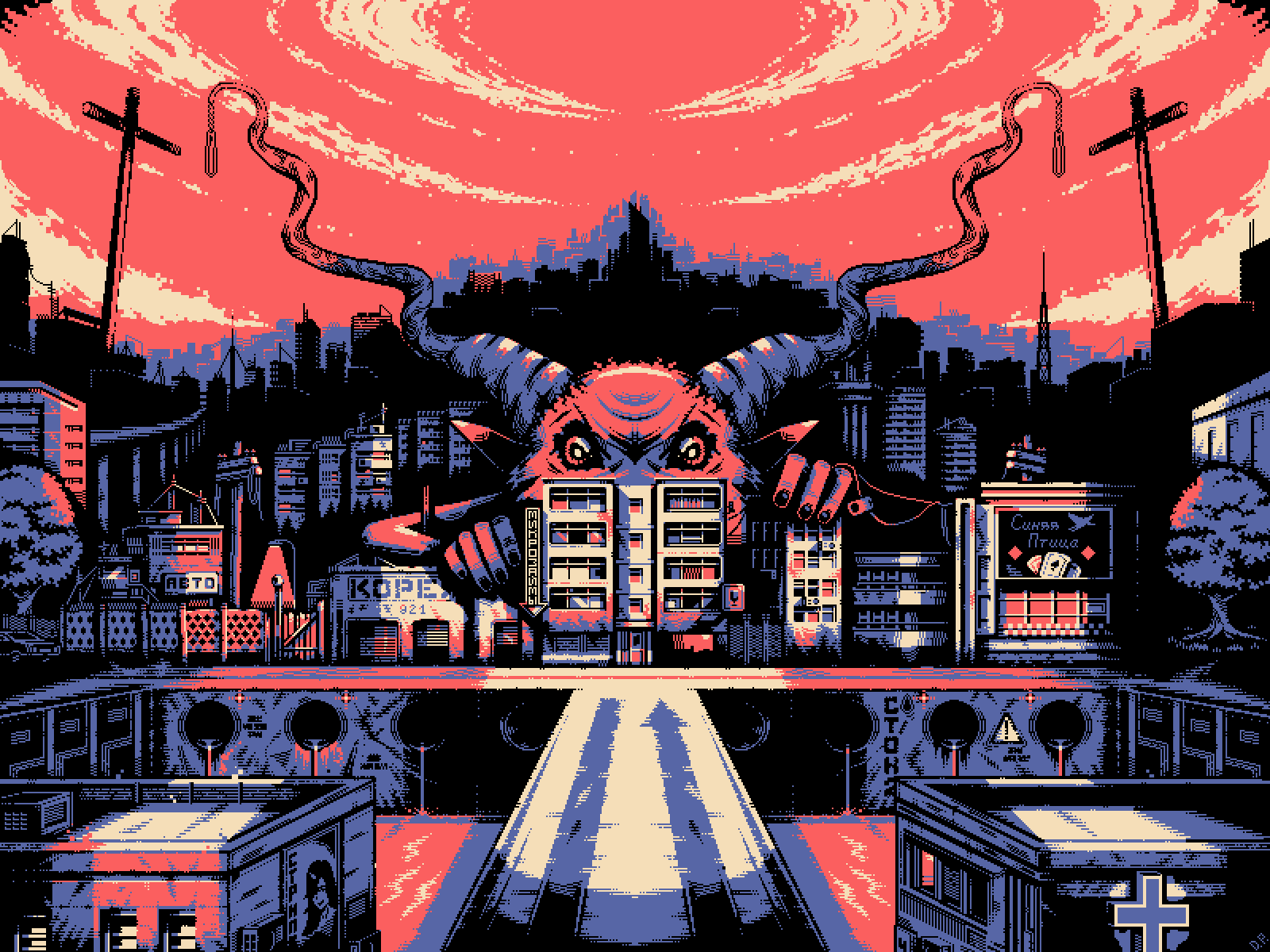demonio gigante en una ciudad pixel art por Dmitry Petyakin