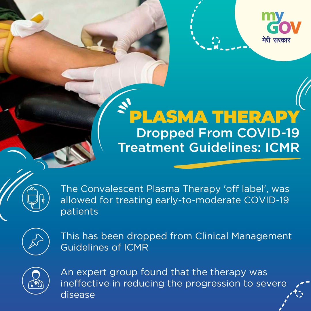 #CORONAUPDATE 
#PlasmaTherapy #ICMR #guidelines #covidtreatment 
Plasma Therapy dropped from ICMR's clinical management guidelines for #COVID19.

Expert found that it is ineffective in reducing the progression to severe disease.

@ICMRDELHI @MoHFW_INDIA @CMOGuj @InfoGujarat