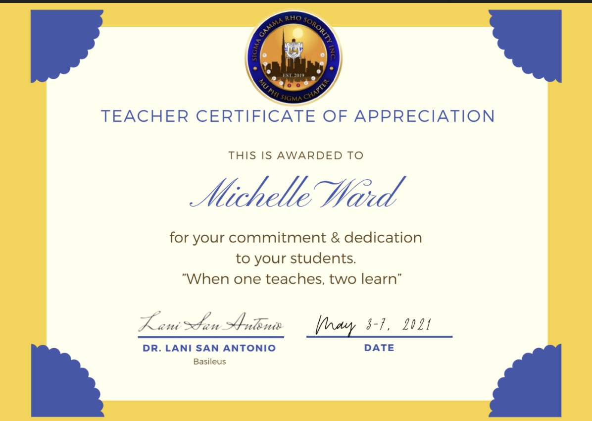 Special thanks to the Mu Phi Sigma chapter of <a href="/SGRho/">Sigma Gamma Rho</a> for recognizing me as an educator during Teacher Appreciation Week. It is much appreciated! 💙💛💙💛