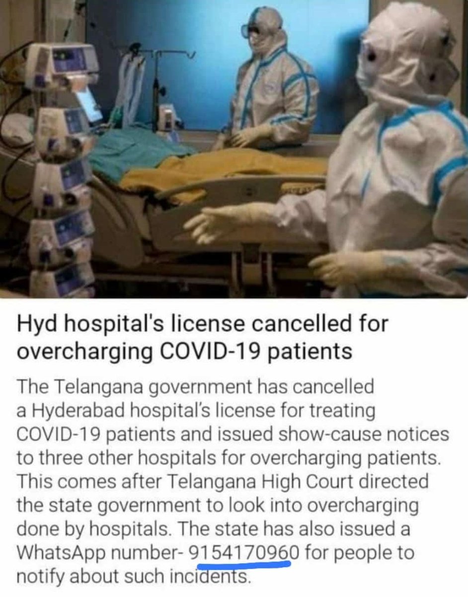 Important for the #Covid19 Patients who are being overcharged by these #CorporateHospitals in the name of treatment. Please approach on the given number, and report such incidents. #Hyderabad. @mePrasannaKumar @navjotbhatia5 @CoreenaSuares2