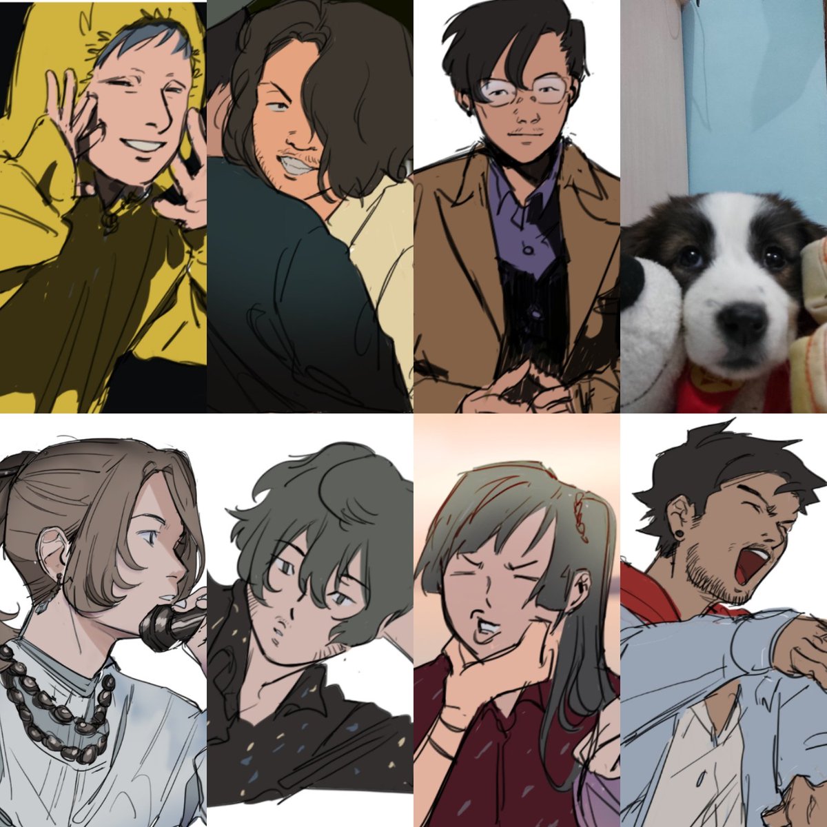 Posting my ocs but with @cardcaptoryona 's pup soya to even things out
(Soya is gonna be toya's pet too 😔😔)

From top left:
Banshi - saron - oka - soya 🥺💕
From bottom left:
Toya - leon - kai - koga 