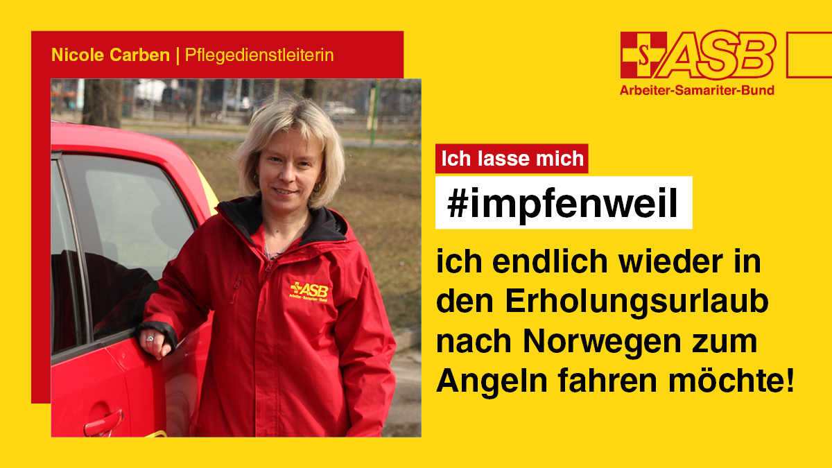asb_de's tweet photo. Es gibt viele gute Gründe, sich gegen das Corona-Virus impfen zu lassen. Bei der Kampagne #impfenweil erzählen Menschen, was ihr ganz persönlicher Beweggrund ist.
Mehr auf https://t.co/dDIZP5tzjR
#impfenweil @BMG_Bund @Paritaet https://t.co/kgUgM46T1W