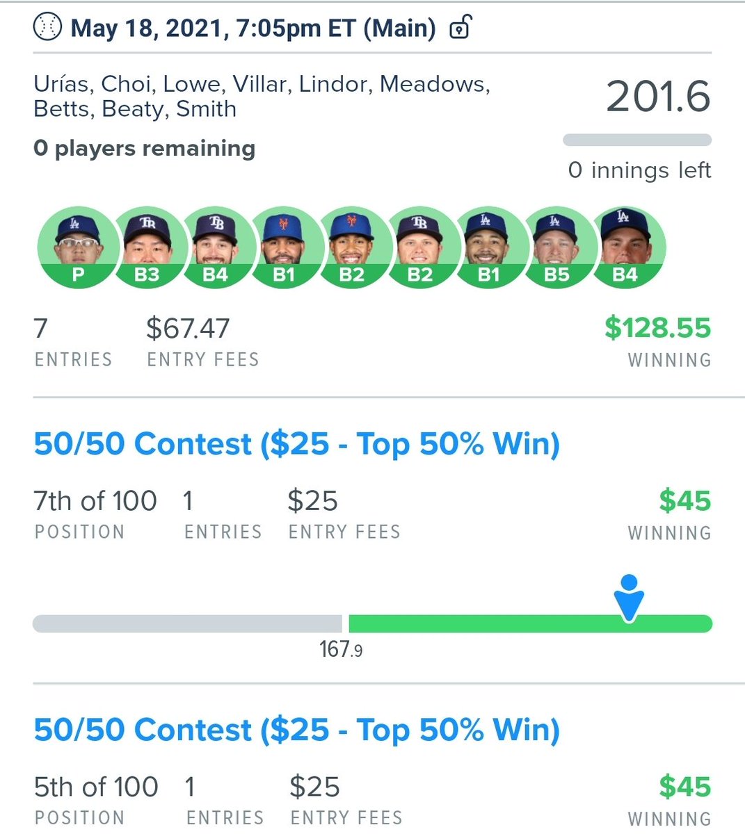 Thanks to the boys over at <a href="/FntsyDomination/">Fantasy Domination</a> for a little profit off a great lineup &amp; score. Wish I would've bet more.
 Props to <a href="/Spence_DFS/">Spence</a> <a href="/gtlopezz30/">GT</a> for the content. 
#dfs #DraftKings #fanduel #MLB  #giblets