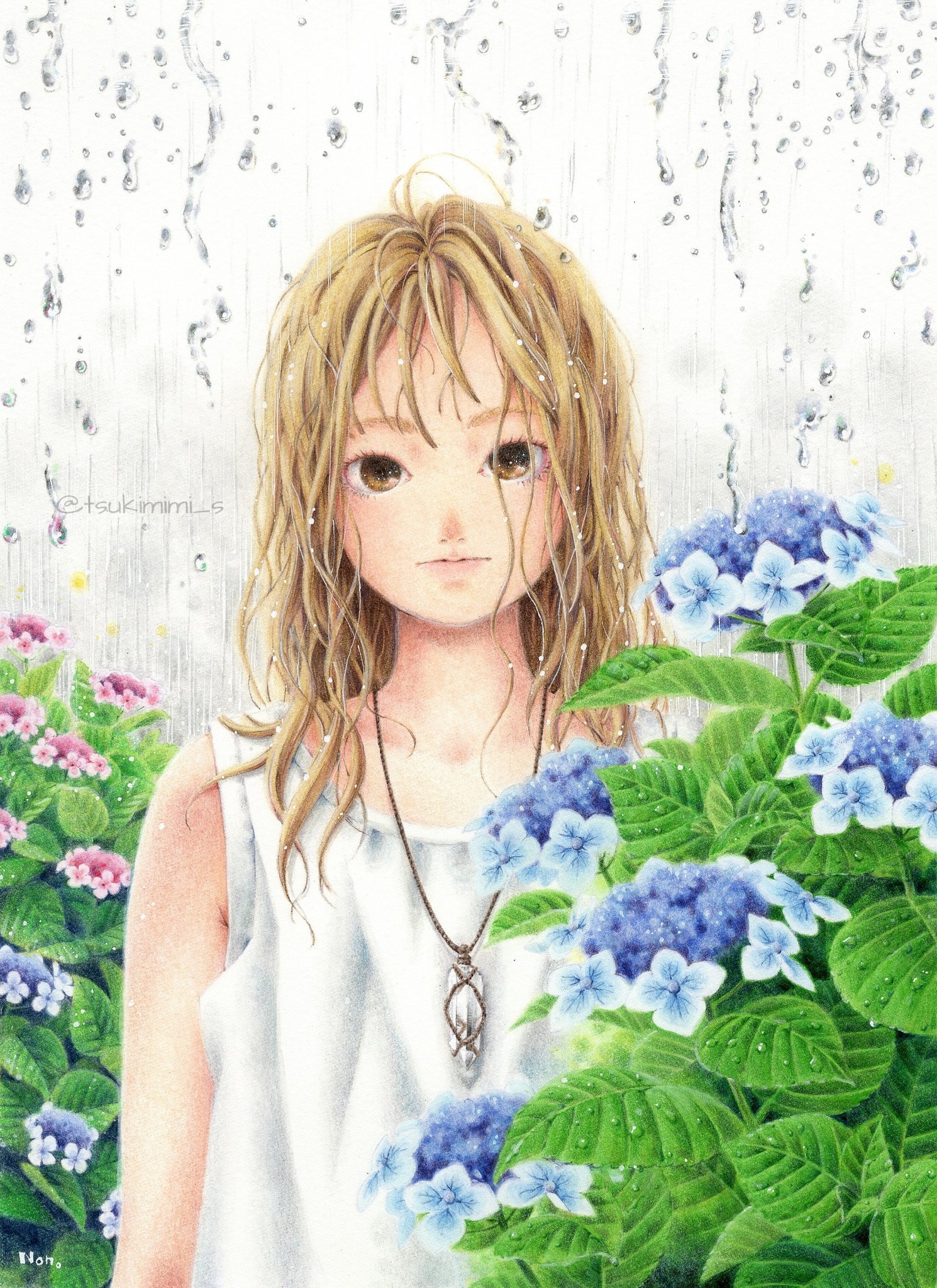 コウチリノコ Non 色鉛筆画 梅雨イラスト 完成 色鉛筆 紫陽花 T Co J4qslim7ih Twitter