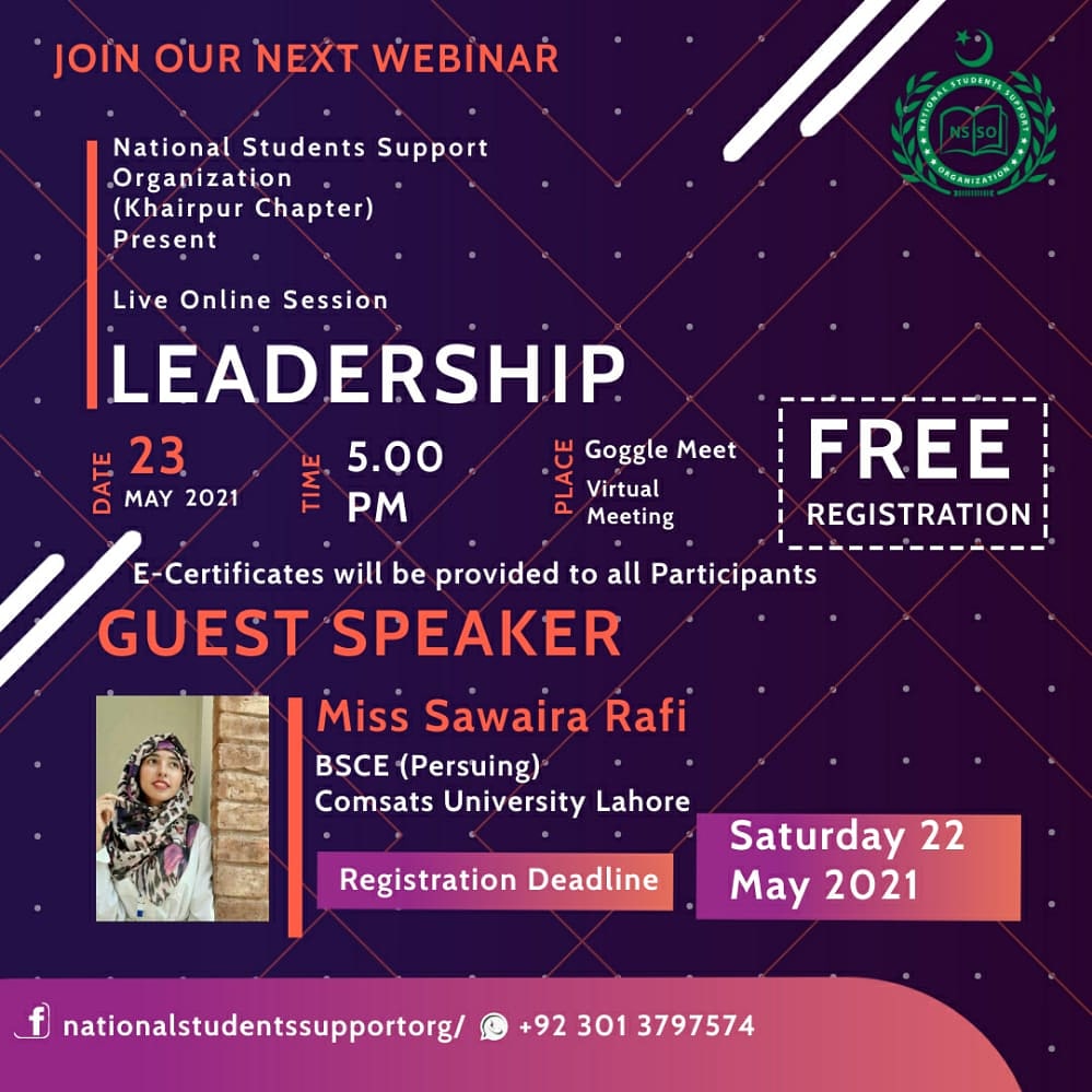 NSSOPakistan's tweet photo. Live Online Session
"Leadership"
Registeration Form:
https://t.co/r2iyUkJkut

#youth #students #Education #Motivation #Counselling #Webinar #Session #OnlineSession
#NSSOPakistan
#letsgrowtogether
#NationalStudentsSupportOrganization https://t.co/RH7rabYEQG https://t.co/bGgEkOA4Cl https://t.co/upD5omsozH