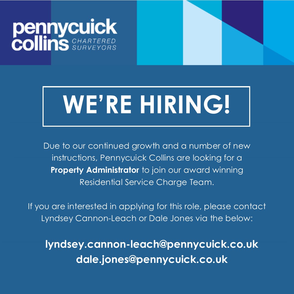 PennycuickColl's tweet photo. ‼️ We're Hiring ‼️
We are looking to take on a PROPERTY ADMINISTRATOR to join our award winning Residential Service Charge team. If you are interested, contact Lyndsey or Dale using the details below 👇 https://t.co/Hzf7mLWL3p